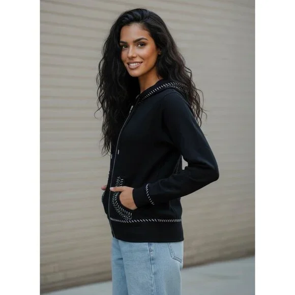 Vtg 90s Black Embroidered Sequin Beaded Zip Up Hoodie | Y2K Skater Grunge Retro - Picture 11 of 16